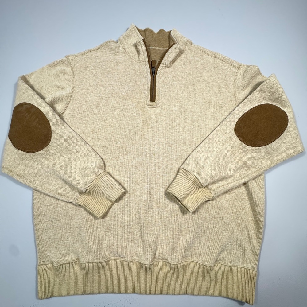 Cremieux Mens Quarter Zip Pullover Sweater Beige Elbow‎ Patches Heather Knit